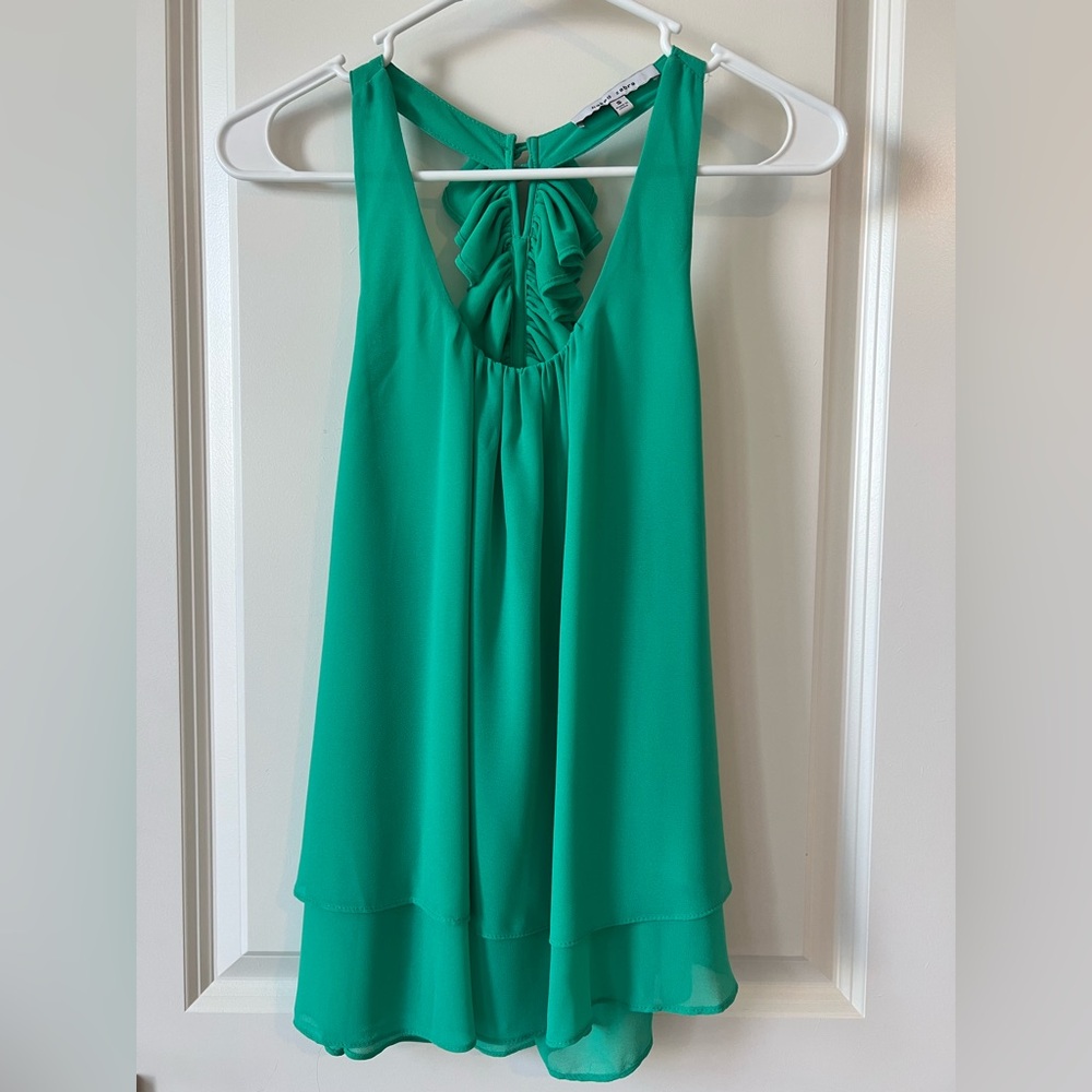 Naked Zebra Green Sleeveless Blouse with Ruffle Accent